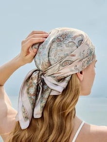 Glizzene 1pc New Bohemian Style Paisley Print Bandana, Women's Fashion Scarf For Sun Protection, Shawl For Daily Wear And Vacation, Spring/Summer Summer Hair Accessories Beach Hair Bands Vacay Headband - Beige - View 4
