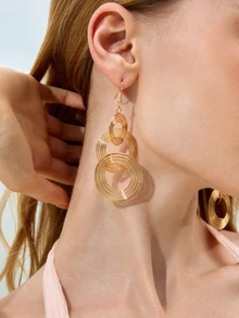 Glizzene 1 Pair Personalized Metal Multi-Layer Circle Hoop Earrings, Exaggerated Vintage Big Circle Long Dangle Earrings For Women - Gold - View 3