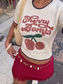 Casual White Short Sleeve Knit Top With Cherry Print, Contrast Trim Round Neck T-Shirt, Lightweight & Breathable Knit For Summer - Apricot - View 1