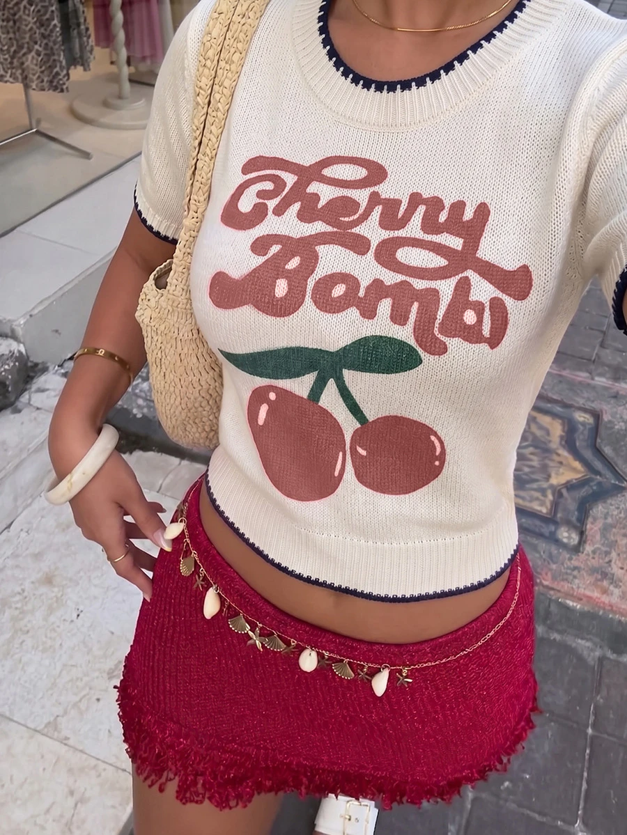Casual White Short Sleeve Knit Top With Cherry Print, Contrast Trim Round Neck T-Shirt, Lightweight & Breathable Knit For Summer - Apricot - View 1
