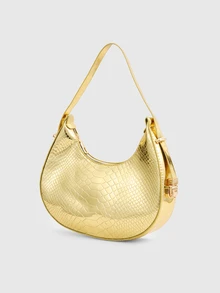 DareSee Metal Snake Embossed Shoulder Bag Solid Color Crocodile Embossed Shoulder Bag Baguette Bag Minimalist Underarm Bag Back To School - Gold - View 3