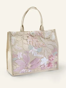 Farahzel 1pc Multi-Color Sequins & Mesh Splice Linen Tote Bag - Baby Pink - View 4