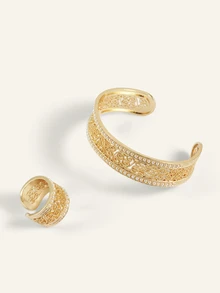 Farahzel 1 buah/1 set 2 buah Gelang dan Cincin Manset Terbuka Berongga Elegan Bergaya Vintage dengan Hiasan Mutiara Putih Bordir - Ukiran benang sutra berlubang yang elegan - View 5