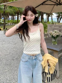Áo croptop chấm bi có đệm ngực cổ chữ V, áo tank top hai dây kiểu vintage dành cho nữ, phong cách thường ngày mùa hè. - Màu be - Xem 2