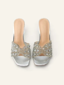 Etoivie Giày sandal cao gót mũi vuông đính pha lê và quai mảnh màu bạc thời trang dành cho nữ, phù hợp cho các bữa tiệc ngoài trời, lễ tình nhân và trang phục mùa xuân hè. - Bạc - Xem 6