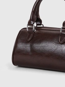 DareSee Mini Vintage Solid Color Oiled Leather Bowling Bag, Handheld & Crossbody Back To School - Coffee Brown - View 6