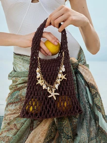 Glizzene 1pc Polyester Crochet Mesh Bottom Multicolor Solid Rope Woven Tote Bag, Decorated With Metal Seashell Pendant, Diamond Pattern Lightweight Portable Large Capacity Cute Fashion Stitched Beach Bag, Suitable For Women, New Graduates And Office Workers, Also Can Be A Teacher's Gift, Summer - Coffee Brown - View 2
