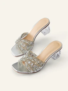 Etoivie Giày sandal cao gót mũi vuông đính pha lê và quai mảnh màu bạc thời trang dành cho nữ, phù hợp cho các bữa tiệc ngoài trời, lễ tình nhân và trang phục mùa xuân hè. - Bạc - Xem 8