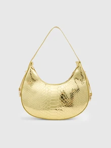 DareSee Metal Snake Embossed Shoulder Bag Solid Color Crocodile Embossed Shoulder Bag Baguette Bag Minimalist Underarm Bag Back To School - Gold - View 2