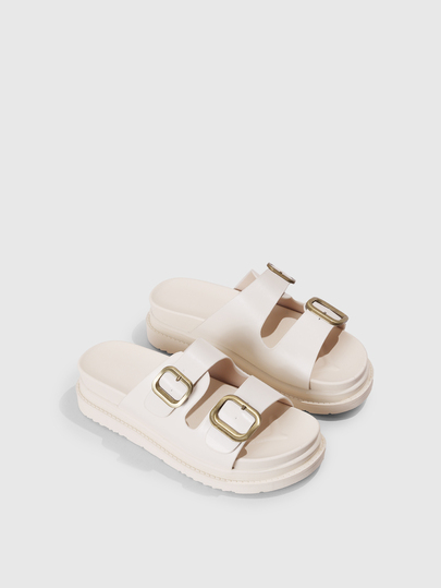 DareSee Women's PU Buckle Decorated Insole Sandals, Beige, Solid Color, Gold Belt Buckle Thick Bottom Fashionable Shoes, Beach Slippers,Spring Summer Outfits