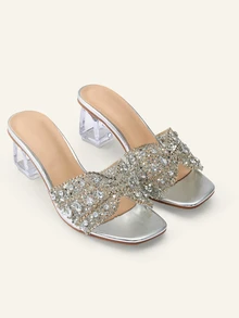 Etoivie Giày sandal cao gót mũi vuông đính pha lê và quai mảnh màu bạc thời trang dành cho nữ, phù hợp cho các bữa tiệc ngoài trời, lễ tình nhân và trang phục mùa xuân hè. - Bạc - Xem 4