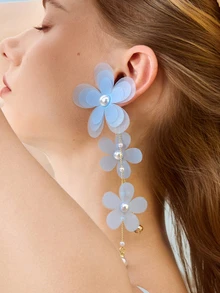 Glizzene 1 Đôi bông tai vải họa tiết hoa phóng đại thủ công, thiết kế Châu Âu và Mỹ thanh lịch và phong cách - Màu xanh nhạt - Xem 4