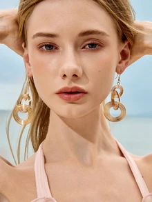 Glizzene 1 Pair Personalized Metal Multi-Layer Circle Hoop Earrings, Exaggerated Vintage Big Circle Long Dangle Earrings For Women - Gold - View 5