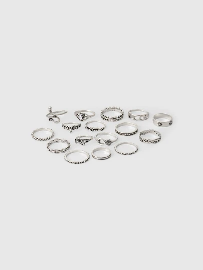DareSee 16pcs Vintage Geometric Hollow Hinge Rings Set For Women, Featuring Yin Yang, Sun, Moon, Snake, Leaf And Flower Patterns, Suitable For Daily Decoration, Outfit Matching, Dating, Party, Holiday Gifts. [Ring Sizes Marked, Non-Adjustable, Please Do Not Forcibly Bend]