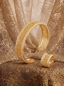 Farahzel 1 buah/1 set 2 buah Gelang dan Cincin Manset Terbuka Berongga Elegan Bergaya Vintage dengan Hiasan Mutiara Putih Bordir - Ukiran benang sutra berlubang yang elegan - View 8