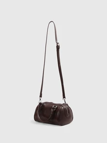 DareSee Mini Vintage Solid Color Oiled Leather Bowling Bag, Handheld & Crossbody Back To School - Coffee Brown - View 3