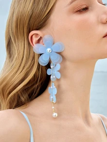 Glizzene 1 Đôi bông tai vải họa tiết hoa phóng đại thủ công, thiết kế Châu Âu và Mỹ thanh lịch và phong cách - Màu xanh nhạt - Xem 5