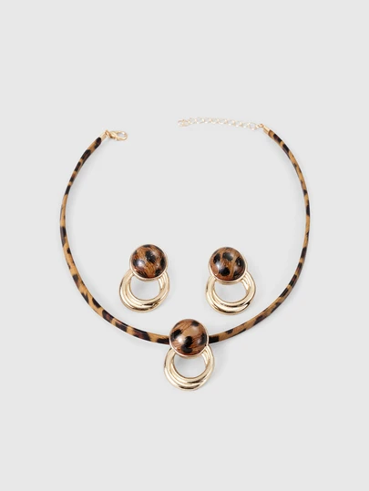 DareSee 3pcs Autumn/Winter Jewelry Set: Earrings + Necklace, Fashion Minimalist Vintage Bohemian Leopard Print PU Leather, Geometric Stud, Hollow Asymmetrical Circle Pendant Design, Versatile For Daily, Work, Party, Holiday Gift