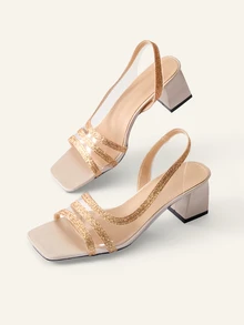 Farahzel Spring/Summer Women Minimalist Mules, Glitter Chunky Heeled Glamorous Sandals Gold - Gold - View 8