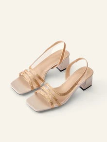 Farahzel Spring/Summer Women Minimalist Mules, Glitter Chunky Heeled Glamorous Sandals Gold - Gold - View 4
