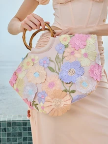 Glizzene 1件花卉刺繡圖案網格托特包，復古竹柄沙灘包，大容量夏季度假海灘旅行，聖誕禮物 - 彩色 - 查看 4