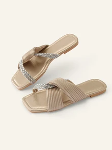 Farahzel Sandalias glamorosas para mujer, sandalias deslizantes de satén con decoración de giro metálico y strass, atuendos de primavera y verano - Dorado - Ver 5