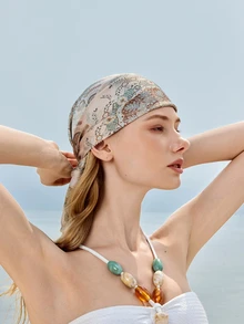 Glizzene 1pc New Bohemian Style Paisley Print Bandana, Women's Fashion Scarf For Sun Protection, Shawl For Daily Wear And Vacation, Spring/Summer Summer Hair Accessories Beach Hair Bands Vacay Headband - Beige - View 2