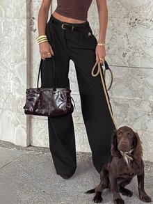 Women's Solid Color Pleated Straight Leg Loose Fit Dress Pants, Autumn Commute Outfit - Black - View 1