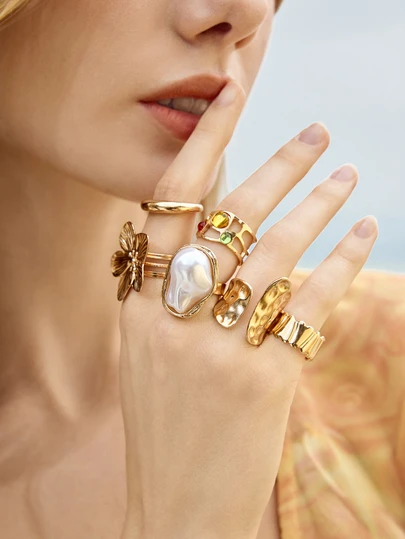Glizzene 6pcs Set Shiny Luxurious Fashion Simple Elegant Personalized Delicate Premium Unique Geometric Floral Colorful Gemstone Pearl Rings Set, Women Everyday Jewelry