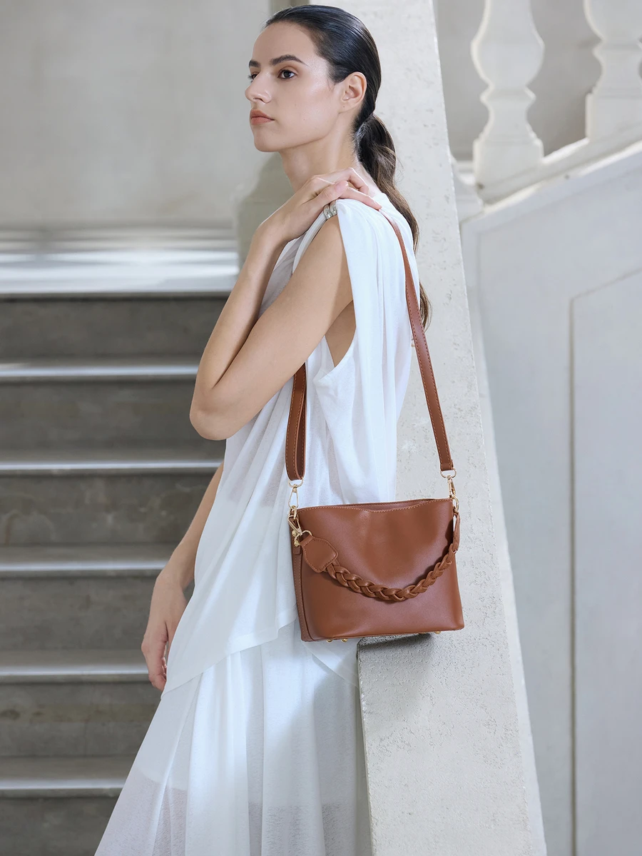 NobleVue 1pc Solid Color Retro Fashion Woven Zipper Bucket Bag, Versatile Shoulder/Crossbody/Handbag, Suitable For Daily Use - Brown - View 1
