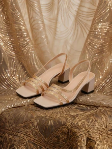 Farahzel Spring/Summer Women Minimalist Mules, Glitter Chunky Heeled Glamorous Sandals Gold - Gold - View 1