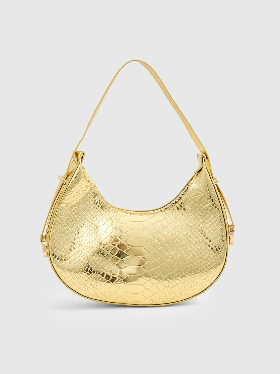 DareSee Metal Snake Embossed Shoulder Bag Solid Color Crocodile Embossed Shoulder Bag Baguette Bag Minimalist Underarm Bag Back To School - Gold - View 1