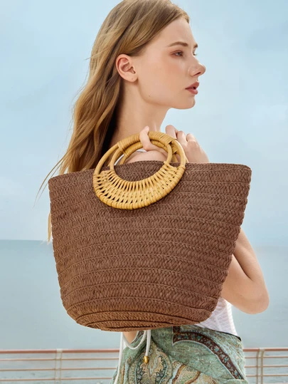 Glizzene 1 Pc Fashionable Casual Summer Vacation Style Large Capacity Solid Color Woven Paper With Circular Wooden Handles Women's Beach Tote Bag Suitable For Outdoor Leisure Vacation&Seaside Travel&Tourism And Shopping&Daily Commuting To Work, Straw Bag