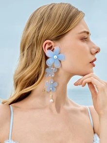 Glizzene 1 Đôi bông tai vải họa tiết hoa phóng đại thủ công, thiết kế Châu Âu và Mỹ thanh lịch và phong cách - Màu xanh nhạt - Xem 3