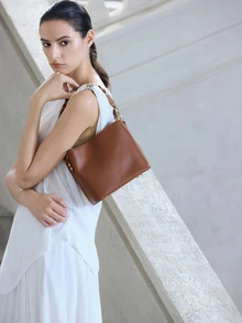 NobleVue 1pc Solid Color Retro Fashion Woven Zipper Bucket Bag, Versatile Shoulder/Crossbody/Handbag, Suitable For Daily Use - Brown - View 2