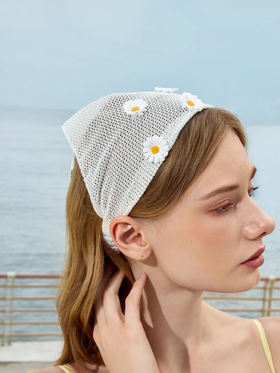 Glizzene 1pc Women's Fashion Original Floral Embroidered Ruffle Daisy Decor Headwrap, Suitable For Daily Wear And Vacation Hair Accessories Autumn Accessories Autumn Head Scarf Women Bandana Sport Sweatband Fall Headband Sport Head Band Hair Band For Gift Winter Summer Outfits