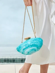 Glizzene 1 Túi cầm tay dự tiệc cao cấp thời trang họa tiết sọc đá cẩm thạch xanh, Túi đeo chéo vai nữ hình dạng bất đối xứng - Màu xanh bạc hà - Xem 4