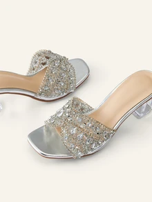 Etoivie Giày sandal cao gót mũi vuông đính pha lê và quai mảnh màu bạc thời trang dành cho nữ, phù hợp cho các bữa tiệc ngoài trời, lễ tình nhân và trang phục mùa xuân hè. - Bạc - Xem 5