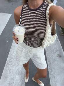 Women's Vintage Coin Pattern Contrast Color Striped Knit Sweater Vest, Summer - Brown - View 1
