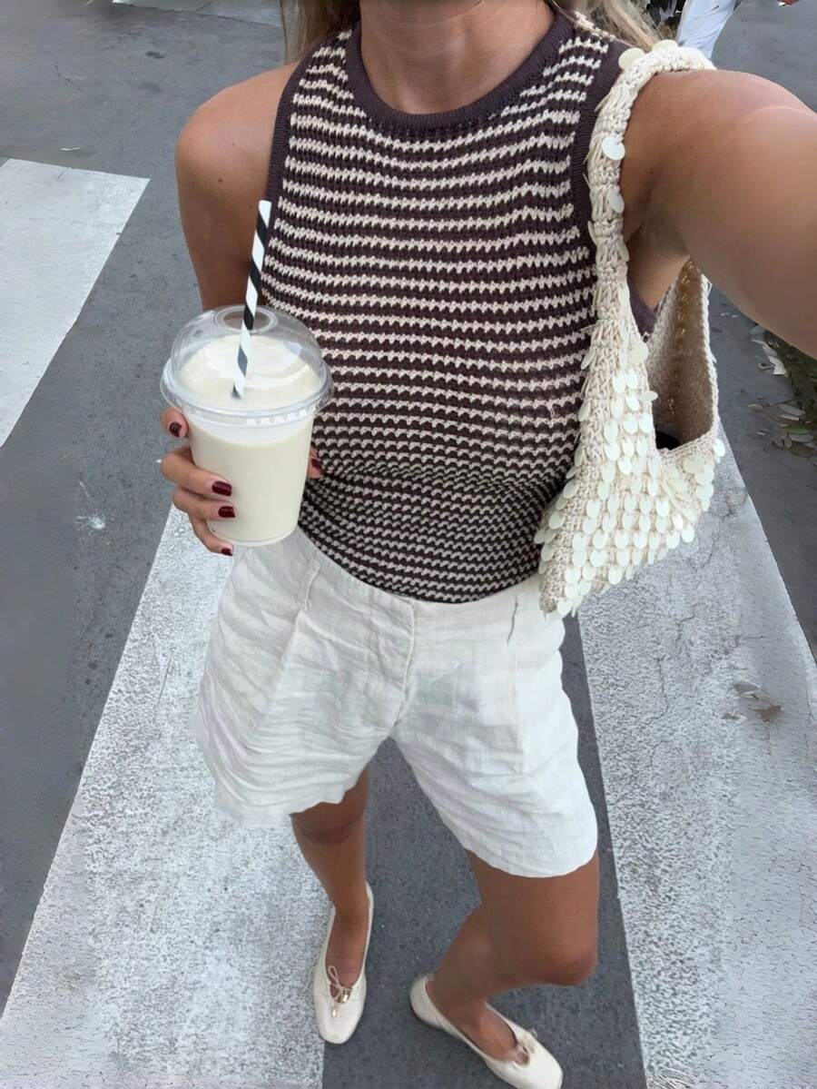 Women's Vintage Coin Pattern Contrast Color Striped Knit Sweater Vest, Summer - Brown - View 1