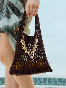 Glizzene 1pc Polyester Crochet Mesh Bottom Multicolor Solid Rope Woven Tote Bag, Decorated With Metal Seashell Pendant, Diamond Pattern Lightweight Portable Large Capacity Cute Fashion Stitched Beach Bag, Suitable For Women, New Graduates And Office Workers, Also Can Be A Teacher's Gift, Summer - Coffee Brown - View 4