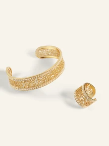 Farahzel 1 buah/1 set 2 buah Gelang dan Cincin Manset Terbuka Berongga Elegan Bergaya Vintage dengan Hiasan Mutiara Putih Bordir - Ukiran benang sutra berlubang yang elegan - View 6
