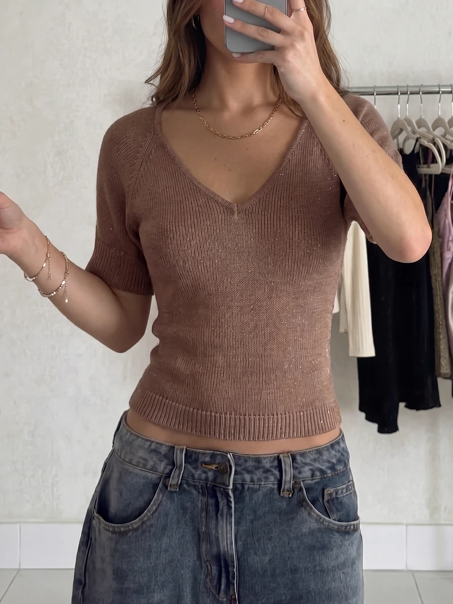 Women's New V-Neck Short Sleeve Knit Top, Sexy - Brownish-brown - View 1