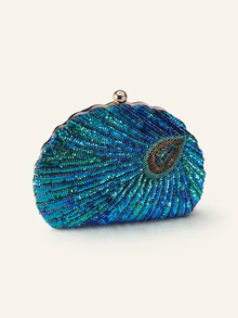Farahzel Peacock Blue Retro Chinese Style Cheongsam Handbag For Women, Peacock Embroidered Beaded Sequin Party Clutch Purse - Teal Blue - View 7