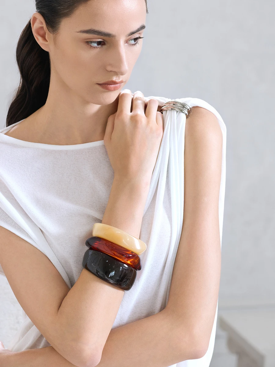 NobleVue 3pcs/Set Exaggerated Asymmetrical Resin Semi-Transparent Bracelet For Women, Unique & Versatile - Multicolor - View 1