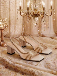 Farahzel Spring/Summer Women Minimalist Mules, Glitter Chunky Heeled Glamorous Sandals Gold - Gold - View 9