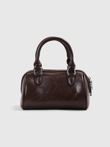 DareSee Mini Vintage Solid Color Oiled Leather Bowling Bag, Handheld & Crossbody Back To School - Coffee Brown - View 2