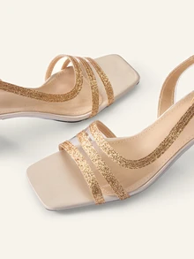 Farahzel Spring/Summer Women Minimalist Mules, Glitter Chunky Heeled Glamorous Sandals Gold - Gold - View 7