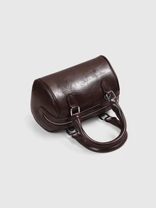 DareSee Mini Vintage Solid Color Oiled Leather Bowling Bag, Handheld & Crossbody Back To School - Coffee Brown - View 4
