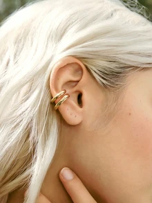 Hatastic 2 piezas de pendientes minimalistas de aleación brillante en forma de C, ligeros, chapados en oro/plata/negro arma, con doble círculo abierto sin perforación, cómodos y suaves para mujeres y niñas, de vuelta a la escuela - Dorado - Ver 3